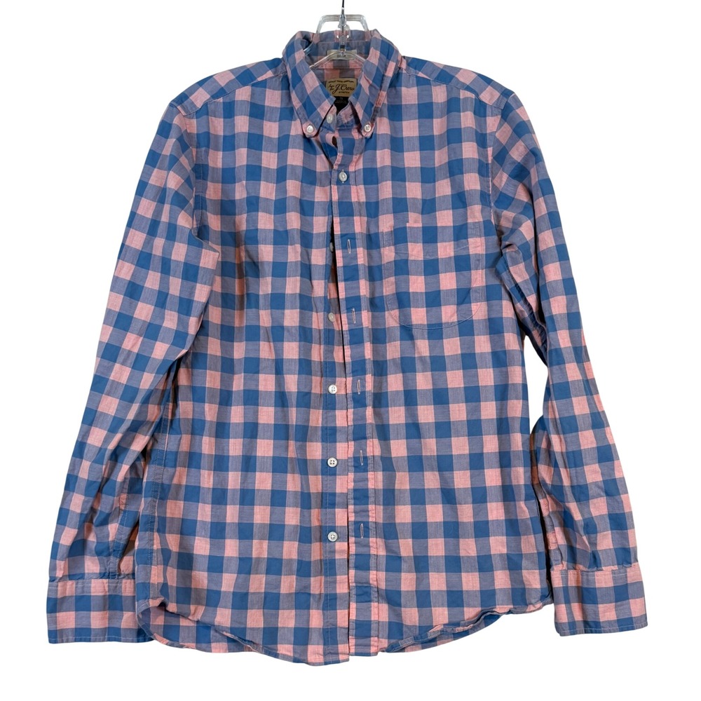 J.Crew Mens Secret Wash Slim Fit Stretch Shirt Blue Pink Check •S• Preppy Pastel